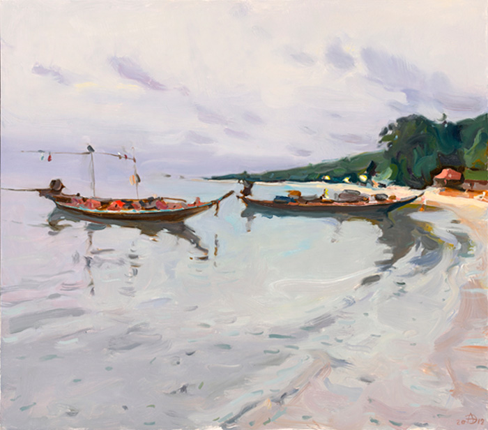 Современный художник Эдуард Аниконов, картина - Пейзаж с лодками